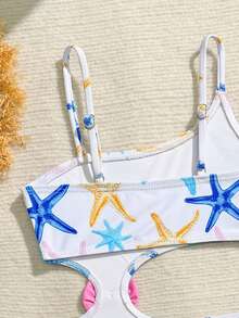 SHEIN 少女夏季海滩度假风海星印花镂空腰部蝴蝶结装饰连体泳衣 - 藍色 - 查看 4
