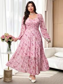 Modelyn Große Größen Elegantes Kleid für Damen mit Blume Muster, Herzausschnitt, Rüschen und Ballonärmeln - Verschiedenfarbig - Übersicht 7
