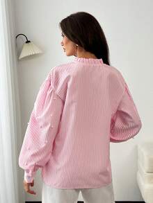 EURMUSE Pink & White Blouse With Pearl Sleeve Detail - Pink - View 2