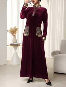 Al Najma Women's Elegant Arabic Style Floral Print Patchwork Long Sleeve Dress - Burgundy - View 4