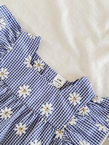 SHEIN Vintaside Kids Toddler Girls Multicolor Short Flared Daisy Plaid Dress With Ruffle Flounce Sleeves - Multicolor - View 6