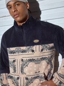 Modcrash GOLDREDY 男士时尚经典纯色拼接腰果花立领织唛拉链半开下摆弹力抽绳设计夹克，适合休闲、时尚、极简街头风、通勤、冬季长袖套头卫衣 - 藏蓝色 - 查看 6