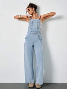 SHEIN جمبسوت جينز كاجوال للنساء بلون أزرق فاتح - أزرق فاتح - مشاهدة 3