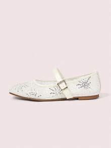 CUCCOO DOLLMOD Women's Shoes Mesh Embroidery Decorative Flat Bottom Mary Jane - White - View 8