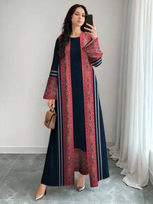 SHEIN Najma 女士复古图案条纹几何印花优雅圆领长款连衣裙配长款开衫，休闲两件套，春夏款 - 彩色 - 查看 5