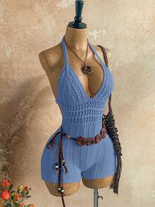 Soleia 女士渐变针织深V露背连体裤，性感时尚修身款，适合派对、约会、下午茶、波西米亚风度假、海滩等场合。 - 藍色 - 查看 6