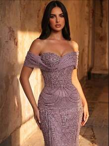 Glamrae 优雅奢华的珍珠串珠亮片刺绣露肩鱼尾礼服，适合婚礼、派对、度假、晚宴、正式场合（装饰繁复） - 藕粉色 - 查看 9