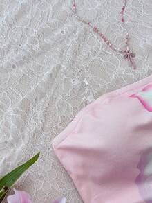 SHEIN 少女波西米亚热带花卉印花扭结迷你连衣裙，休闲舒适又优雅 - 粉色 - 查看 5