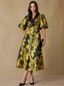 BELROSIE Textured Jacquard Elegant Waist-Cinching Long Dress With Contrast Color Collar, Metal Buckle Belt And Balloon Sleeves - Multicolor - View 3