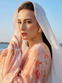 SHEIN X Scot Louie ZEYLAH Elegant Romantic Floral Print Flowy Ruffle Hem A-Line Dress, Spring/Summer - Baby Pink - View 13