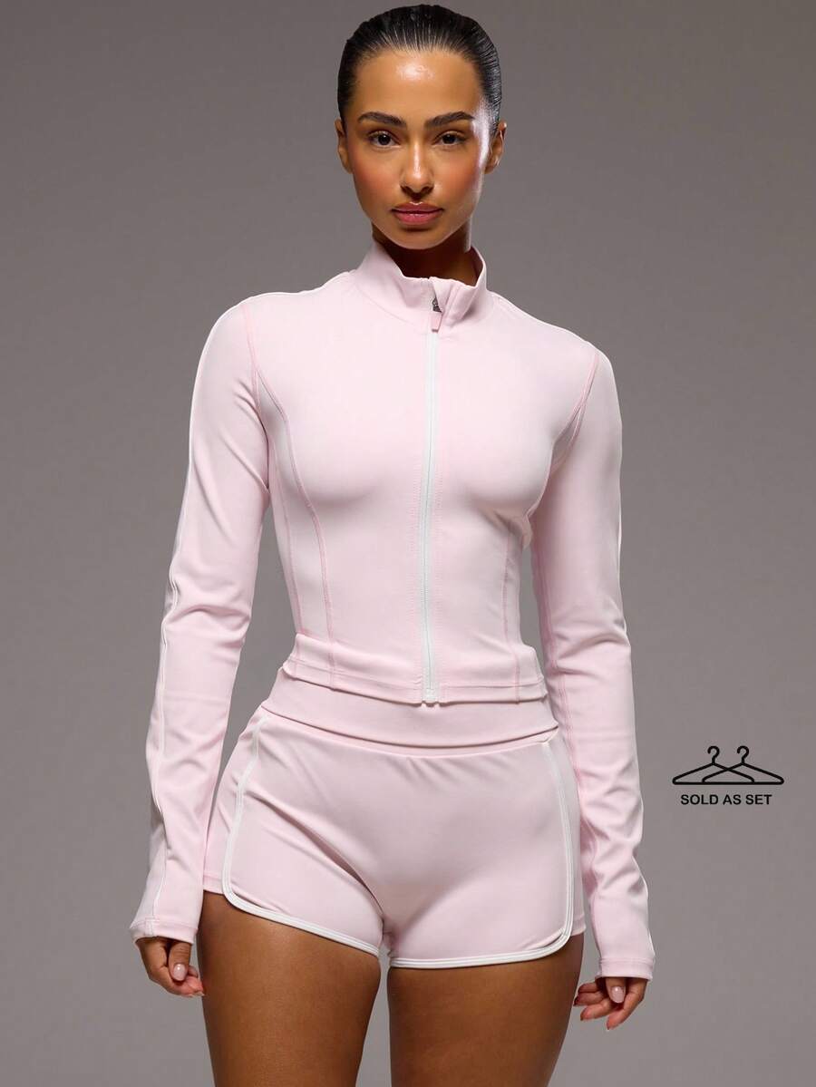 Musera Sport 长袖白色缝线BBL夹克和热裤运动套装,适合运动健身、健身房、普拉提、日常休闲运动,适合女生穿着,热辣吸汗。 - 粉色 - 查看 1