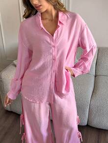 HautHeat Women Solid Color Long Sleeve Top And Pants Pajama Set - Pink - View 4