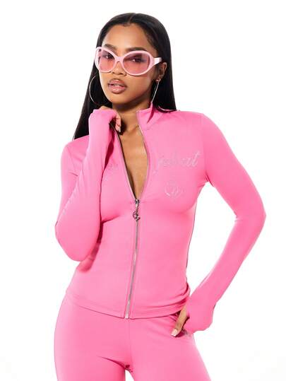 BABYPHAT SDBP574 - LONG SLEEVE HIGH NECK ZIP UP JERSEY TOP WITH RHINESTOES