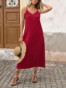 Brillora 度假风纯色编织吊带纹理中长连衣裙 - 紅色 - 查看 5
