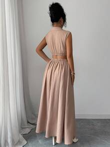 EMERY ROSE Damen Khaki Wellentextur V-Ausschnitt Taillengürtel rückenfreies sexy A-Linien Kleid - Khaki - Übersicht 2