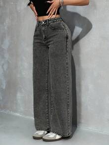 SHEIN PETITE Women's Pocketed Button Casual Versatile Daily Wear Wide Leg Jeans - Light Wash - View 5