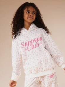 SUMWON Tween Girls Floral Print Hoodie And Sweatpants Co-Ord Set Without Drawstring Hood For Casual Wear - White - View 3