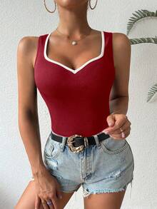 Chiquease 撞色心形领无袖修身背心 - 紅色 - 查看 3