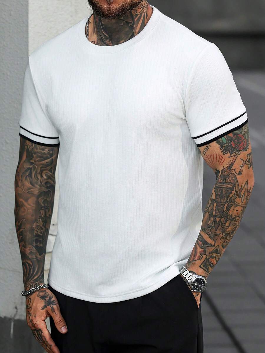 Manfinity CasualCool 男士罗纹圆领短袖休闲T恤 - 白色 - 查看 1