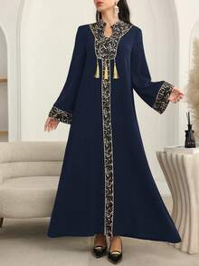 Al Najma Cardigan Panjang Motif Patchwork Warna Polos dengan Hiasan Emas dan Liontin - Navy Blue - View 4