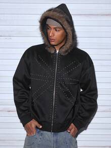 Modcrash Streetwear Style Studded British Flag Zipper Hoodie Sweatshirt, Loose Casual College Jacket - Black - View 9