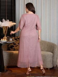 Modelyn Elegant Metallic Thread & Sequin Embellished Plus Size Dress For Women, Spring - Dusty Pink - View 2