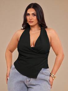 SHEIN BAE Blusa asimétrica con cuello halter y drapeado en talla grande para mujer - Negro - Ver 2