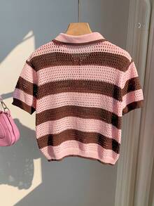 SHEIN EZwear New Summer Vacation Holiday Striped Print Button Hollow Casual Short Sleeve Women Sweater - Multicolor - View 2