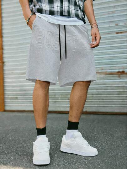 PAVTROS Men's Casual Drawstring Waist Shorts With Pockets, Loose Fit Street Style Shorts, Minimalist Big Letter Embossed Design, Texture Fabric, Simple Yet Stylish, Casual Daily Wear, Fashionable, Ideal Gift For Boyfriend Or Holidays