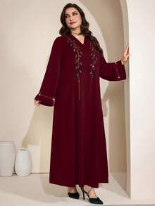 Al Najma 大码女式水钻装饰土耳其长袍和阿拉伯传统长裙 - 酒紅色 - 查看 4