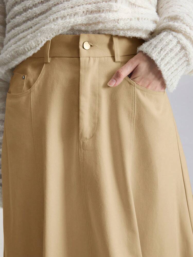 Women's Khaki Autumn Casual A-Line Skirt,2026 Spring/Summer Minimalist Solid Color Urban Commute Business Office Lady Attire,Hiking Wedding Guest