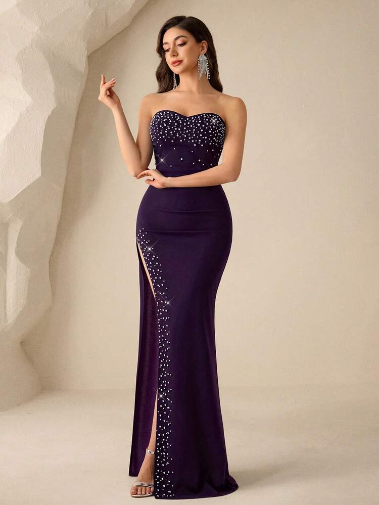 Coutiva 女性用ラインストーン装飾スリットフォーマルイブニングドレス