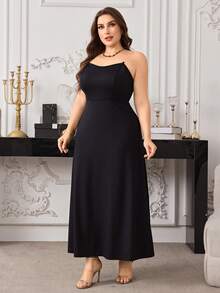 Modelyn Elegant Black Floral Print Asymmetric Shoulder Irregular Poncho Top Paired With Camisole Dress, Fashionable Plus Size Women 2-Piece Set - Black - View 3