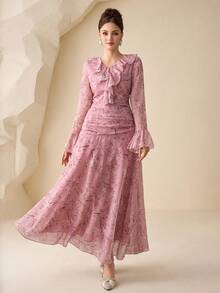 Modelyn Elegant & Romantic Floral Print Long Dress For Outdoor Wear - Pink - View 4