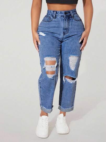 Rivivi Plus Size Women High Waist Pocket Distressed Tapered Jeans