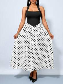 SOLERSUN Plus Size Women's Dresses, Sexy And Elegant, Suitable For Commuting, Vacations, Beach Parties, Valentine's Day, Spring/Summer, Retro Chic, Minimalism, AU Girly Au Beachweekend Black And White Color-Blocked Halter Neck, Polka Dot Faux Linen Fabric - Black - View 4