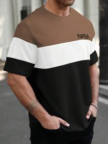 Manfinity Homme 加大码男士休闲撞色字母图案圆领短袖T恤，夏季 - 彩色 - 查看 4