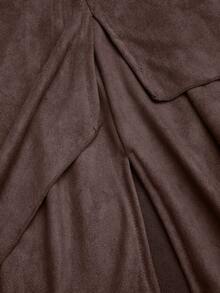 Sweetra Plus Size Vintage Suede Skirt, Elastic Waist Asymmetrical Hem A-Line Skirt, Spring/Autumn - Rust Brown - View 3