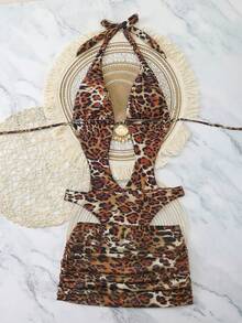 Swim SXY 2pcs Women's Halter Backless Cutout Leopard Print One-Piece Swimsuit With Pleated Mini Skirt Set,Tan,Summer,Casual,Beach,Vacation,Holiday Dress - Multicolor - View 6