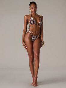 SHEIN BAE Women's Vacation Zebra Print Circular Linked Hollow Design Sexy Halter One-Piece Swimsuit - Brown - View 3