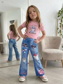SHEIN 2pcs/Set Young Girls Light Pink Summer Cartoon Rabbit Print Short Sleeve Tee Top With Drawstring Sides And Graphic Flare Pants,Kids Fashionable Set - Pink - View 2