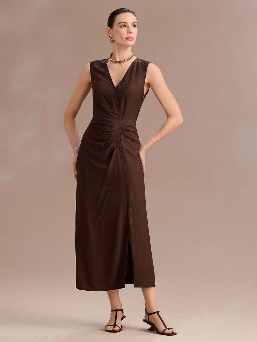 Uhlyne Đầm nữ cổ chữ V xếp ly màu trơn, dáng rộng, thường ngày, không tay. - Màu Khaki - Xem 1