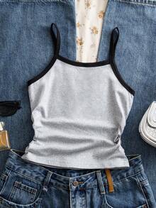 SHEIN Sparklyn Tween Girls' Casual All-Match Versatile Camisole, Snug Fit Contrast Color Knit Camisole, Suitable For Casual Outings And Vacations - Multicolor - View 2