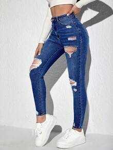 Jeanoix Quần jeans skinny cạp cao rách có túi dành cho nữ cỡ lớn theo phong cách Y2K (phong cách thời trang thập niên 2000) - Rửa tối - Xem 3