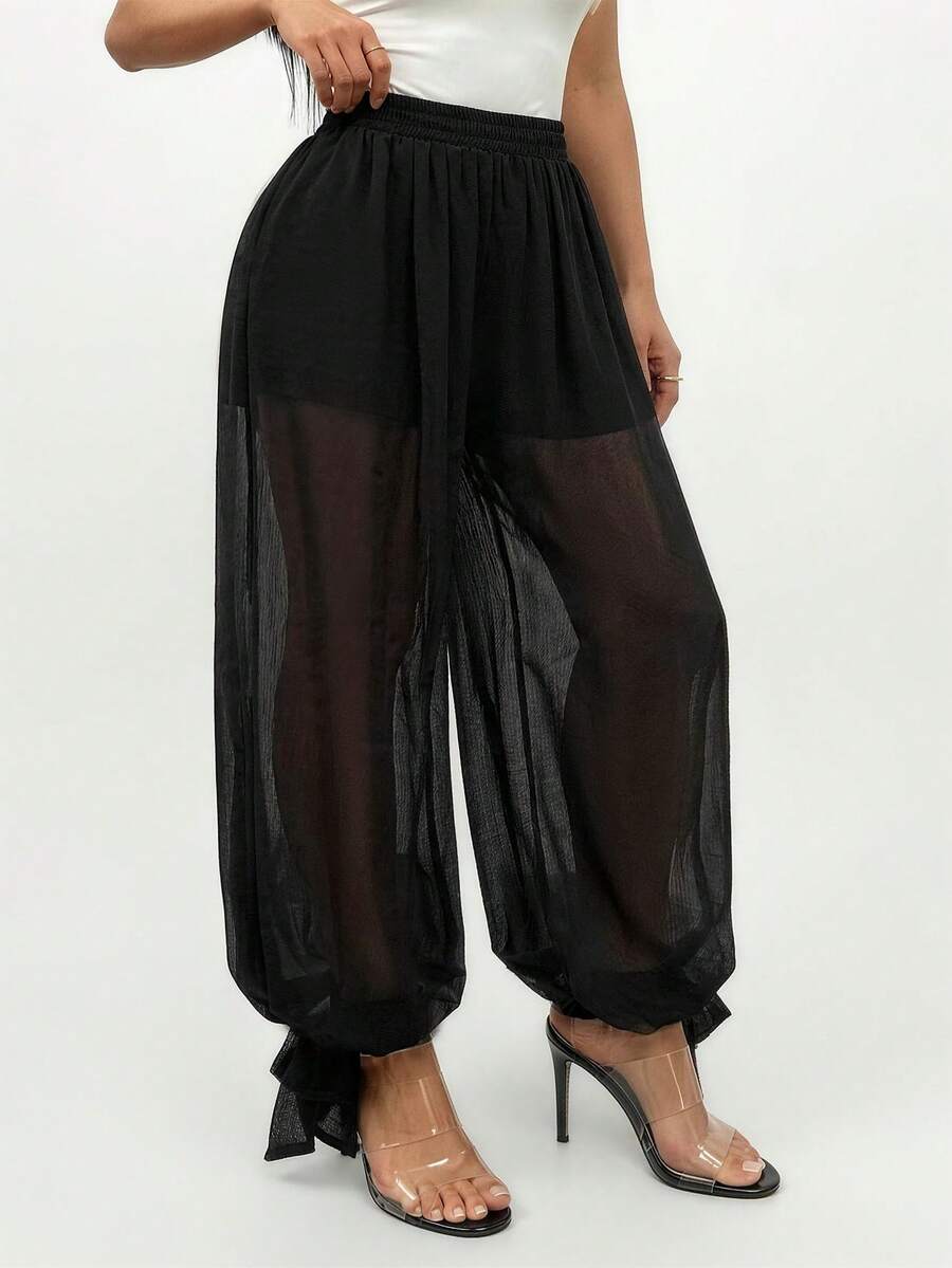 SHEIN SXY Black Sexy Chiffon Sheer Loose Harem Pants, Sheer Pants, Cover Up Pants, See Through Pants, Mesh Pants, Swimsuit Cover Up Pants,Summer ,Beach ,Vavacation - Black - View 1