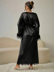 HautHeat Women's Solid Color Lace Trim Bell Sleeve Fuzzy Hem Sexy Robe - Black - View 2