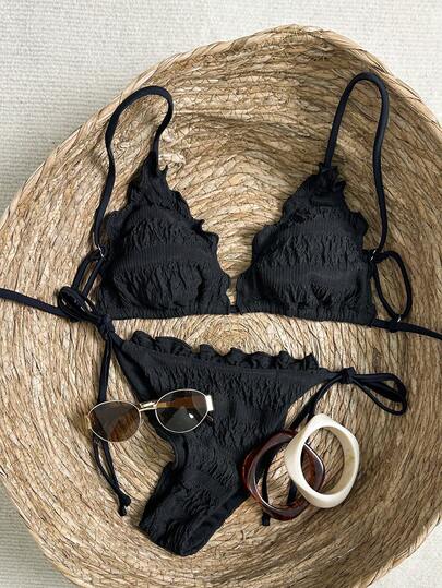 Swim Vcay Women's Textured Ruched Fabric Design Tie-Up Bikini 2-Piece Set, New 26SS Beach Party Vacation Style Swimwear Puckered Bikini Set Black String Bikini Two Piece Beach Set Bikini Set Vacation Ruffle Bikini Set