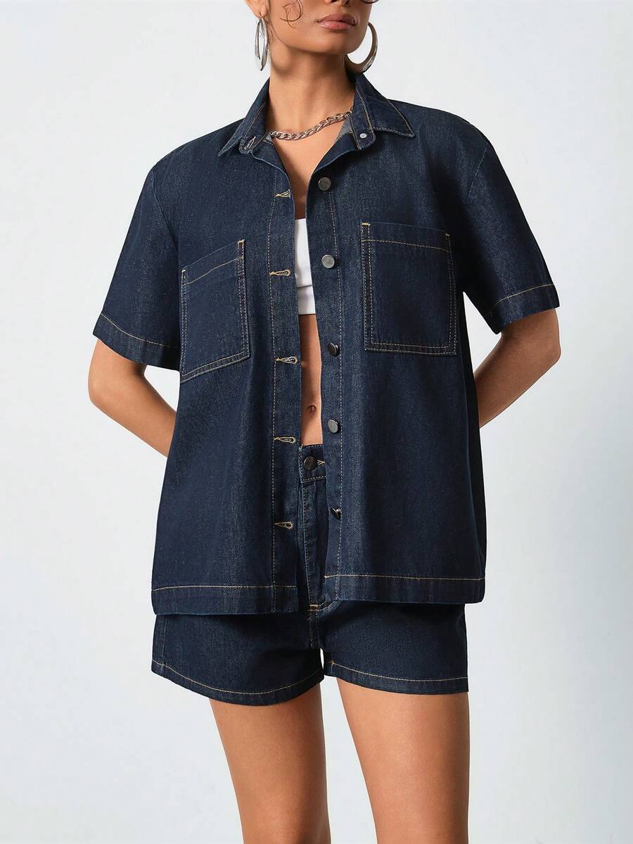 SHEIN Women Denim Shirt And Short Set Oversize Short Sleeve Shirt And Short Summer Denim Two Pieces Set Dark Blue Washed - Dark Wash - View 1