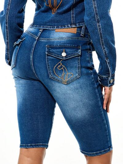 BABYPHAT High Rise Embroidered Logo Detail Denim Capri Jeans With Distressed Accents And Medium Wash Finish