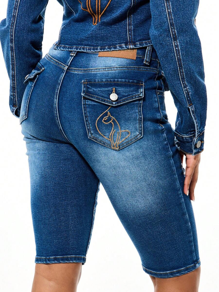 BABYPHAT High Rise Embroidered Logo Detail Denim Capri Jeans With Distressed Accents And Medium Wash Finish - Blue - View 1